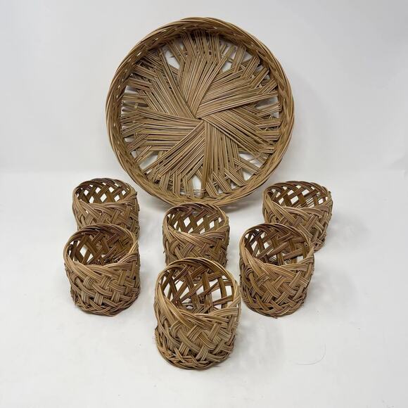 Vintage Beverage Serving Tray Set Woven Wicker Indoor/Outdoor 6 Beverage Holders - Picture 1 of 6